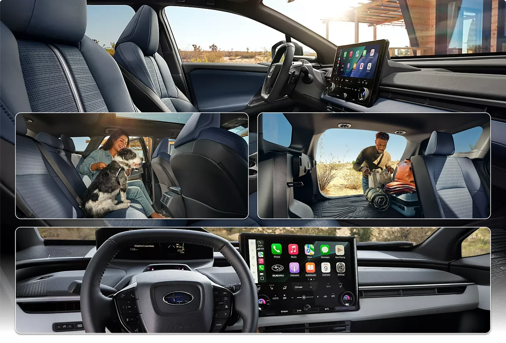 2026 Subaru Trailseeker interior: the front cabin seen from the driver's door, a passenger with a dog in the second row, gear loaded through the rear hatch, and the steering wheel beside the 14-inch touchscreen