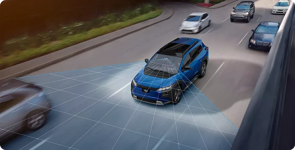 Subaru safety sensor field visualised around a Trailseeker in traffic