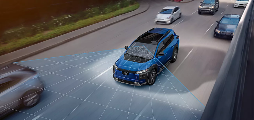 EyeSight detection field visualised around a Subaru Trailseeker in traffic