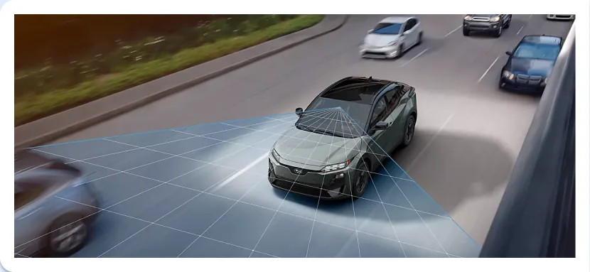 EyeSight detection field visualised around a Subaru Uncharted in traffic