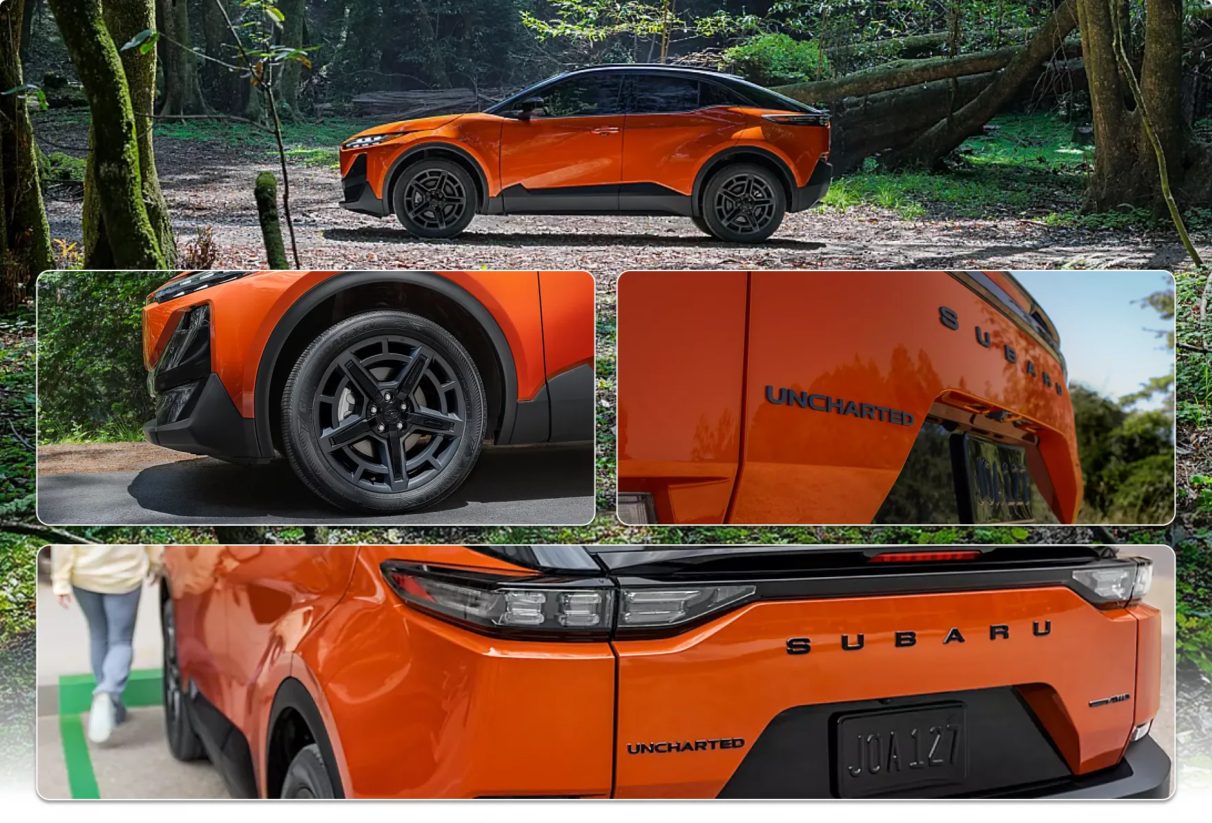 2026 Subaru Uncharted exterior details: forest profile shot, 20-inch bladed alloy wheel, Uncharted badging, and the rear tail lamp signature