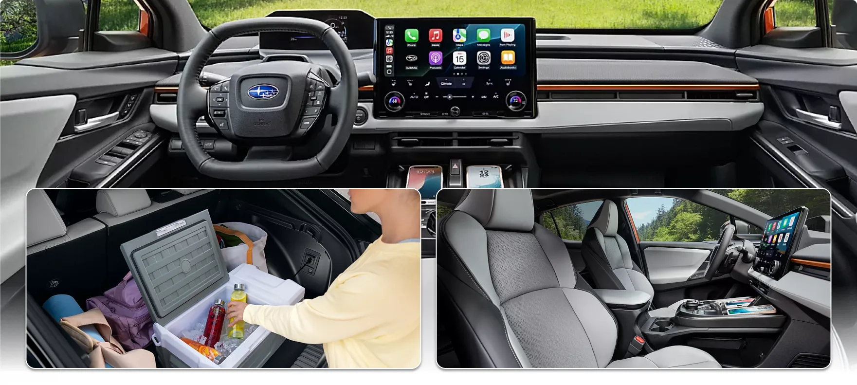 2026 Subaru Uncharted interior details: the 14-inch touchscreen cockpit, cargo area storage, and front seating