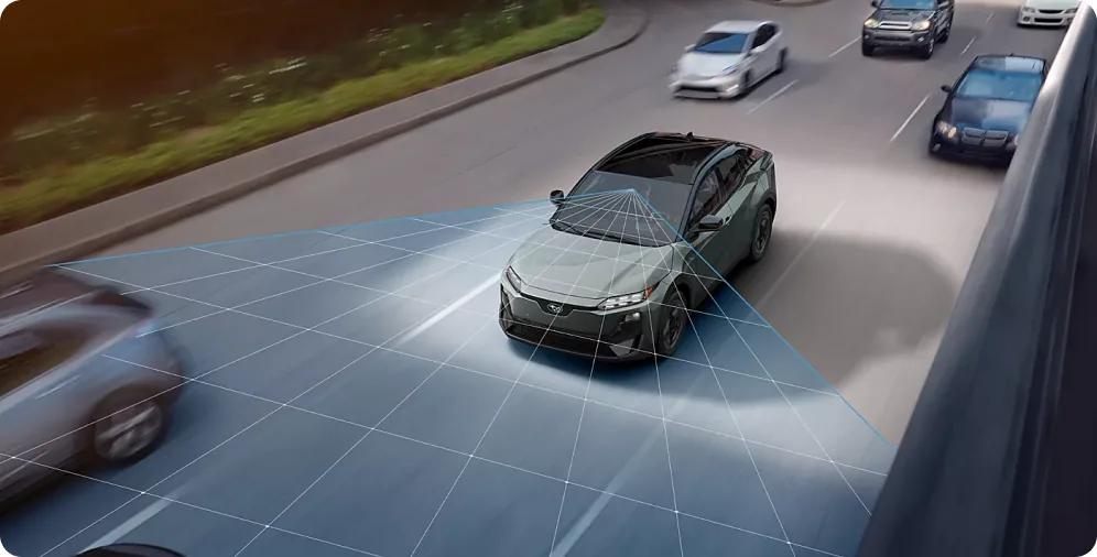 Subaru safety sensor field visualised around an Uncharted in traffic