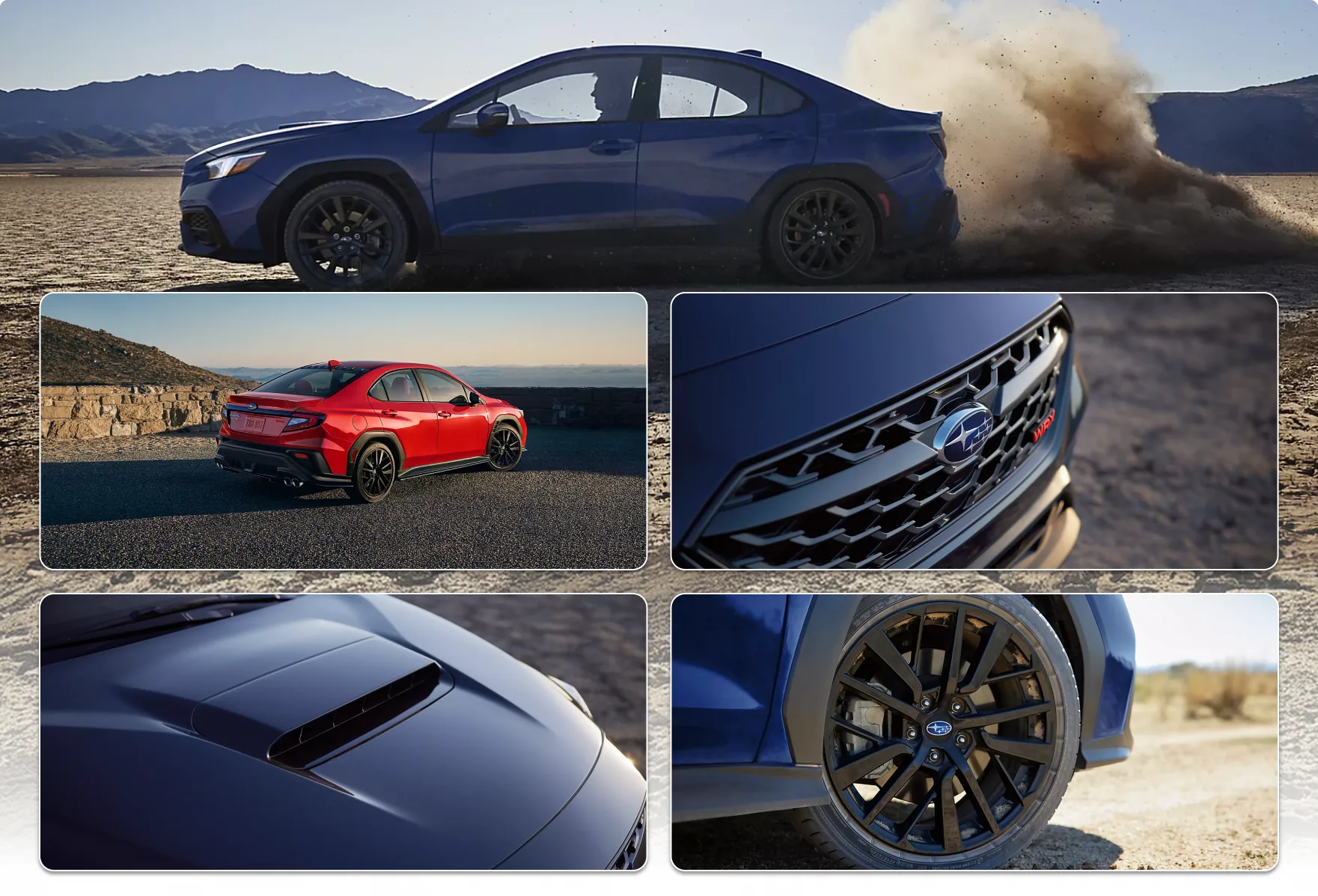 2026 Subaru WRX exterior details: a blue WRX kicking up dust, a red WRX rear three-quarter, the front grille, the hood scoop, and a wheel