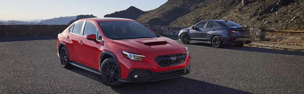 Red and grey 2026 Subaru WRX sedans parked together on a mountain road