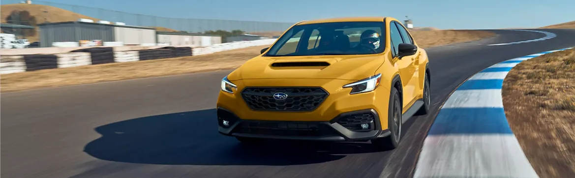 Yellow 2026 Subaru WRX Series.Yellow on a racetrack