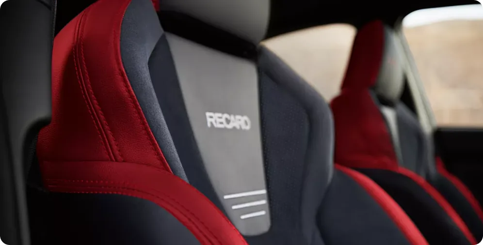 Red and black Recaro performance-design front seats in the 2026 Subaru WRX GT