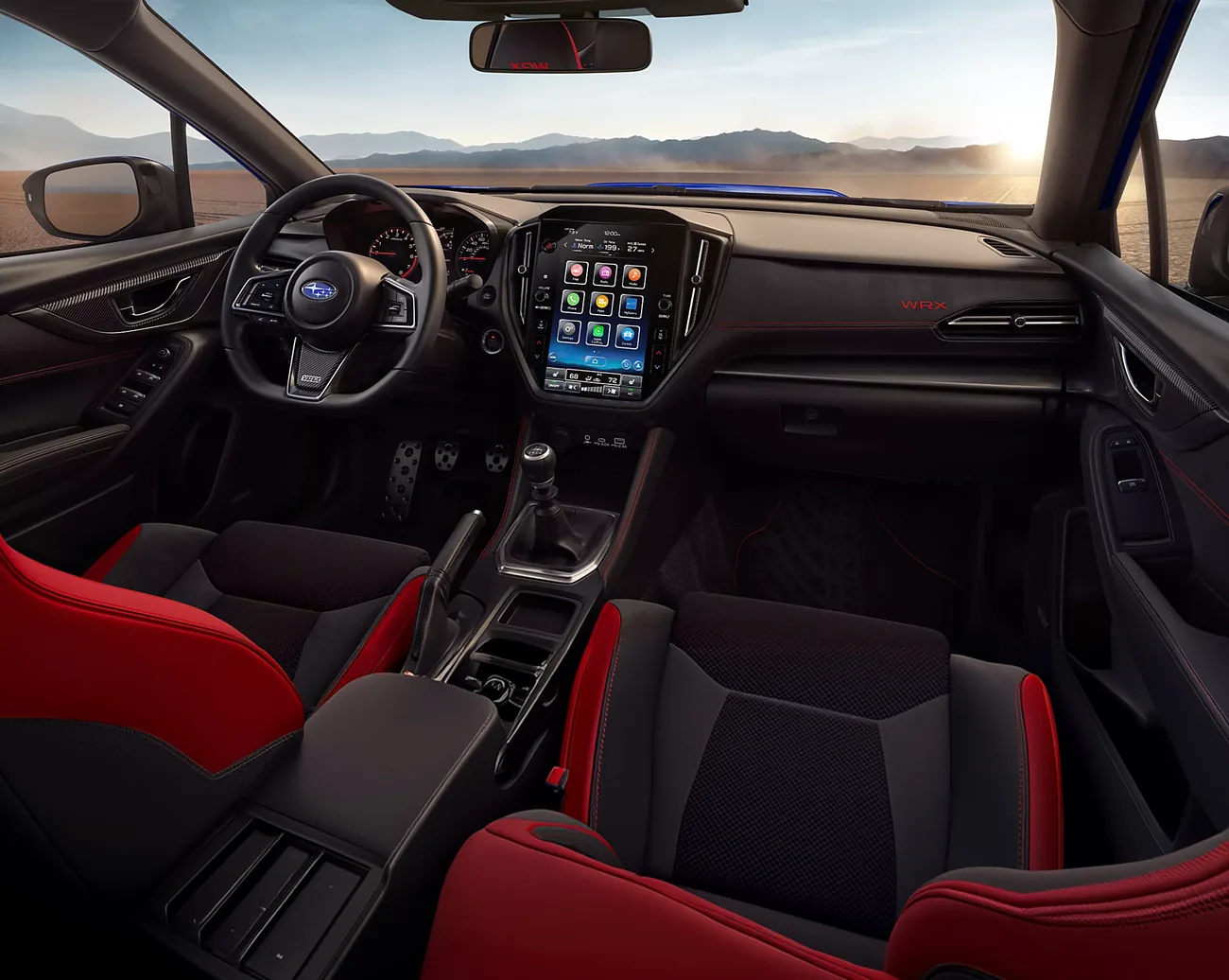 Driver-focused dashboard and D-shaped steering wheel of the 2026 Subaru WRX