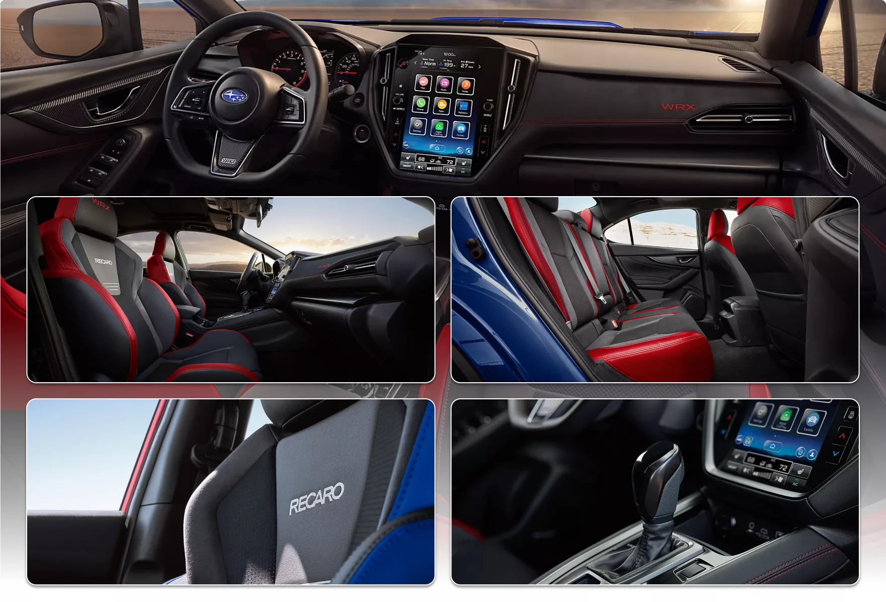 2026 Subaru WRX interior: the driver-focused dashboard, the front sport seats, the rear seats, a Recaro seatback, and the shifter beside the touchscreen