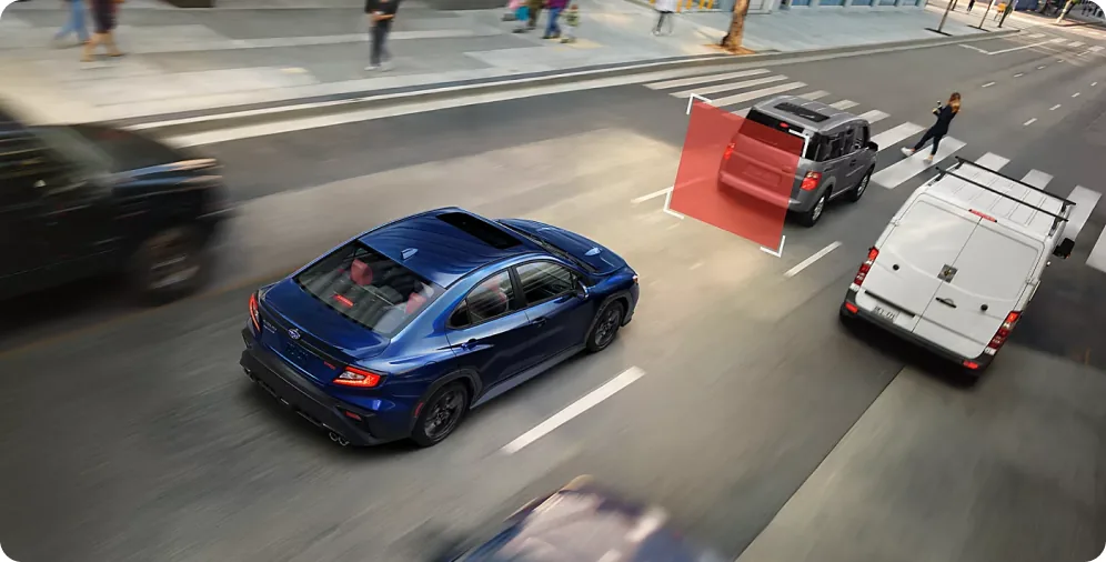 EyeSight detection zone highlighted ahead of a blue 2026 Subaru WRX in city traffic