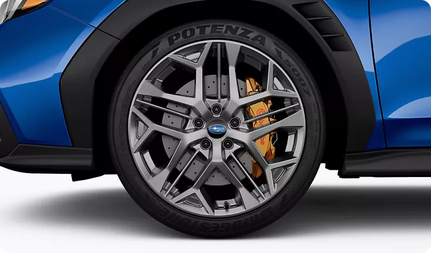 Satin-gray 19-inch alloy wheel and Bridgestone Potenza tire on the 2026 Subaru WRX tS