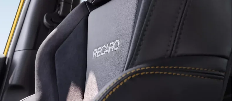 Recaro performance-design seat with yellow stitching in the WRX Series.Yellow
