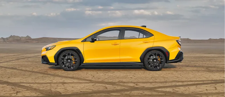 Side profile of the 2026 Subaru WRX Series.Yellow on 19-inch matte black wheels