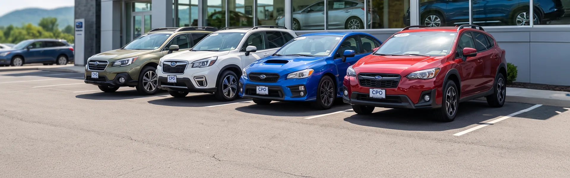 A row of Subaru Certified Pre-Owned vehicles parked outside a Subaru retailer