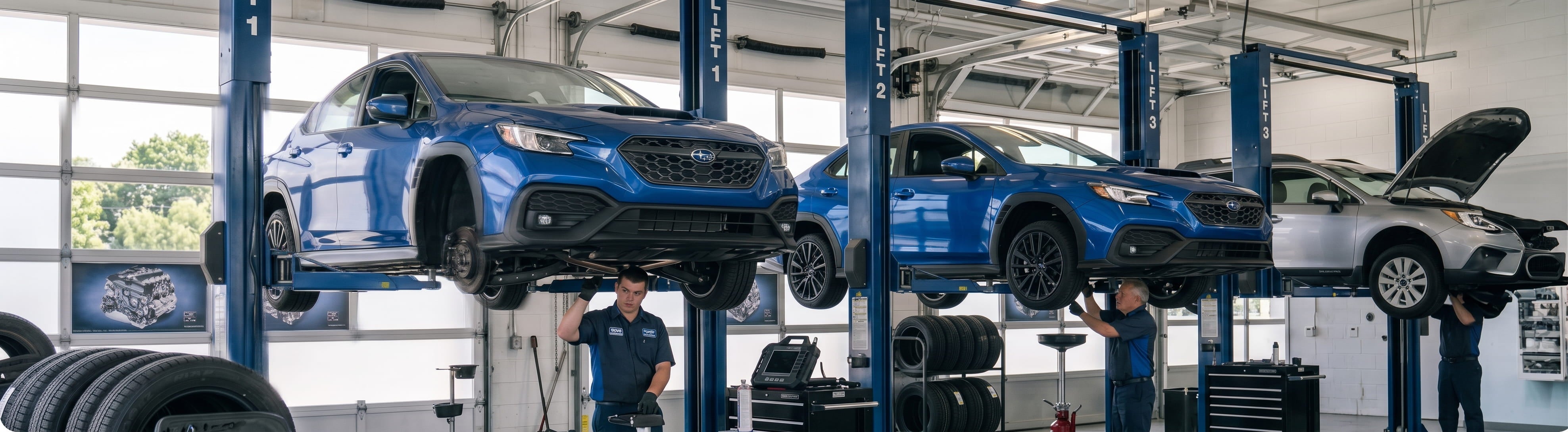 Subaru vehicles raised on service lifts during 30,000-mile scheduled maintenance at Briggs Subaru of Topeka