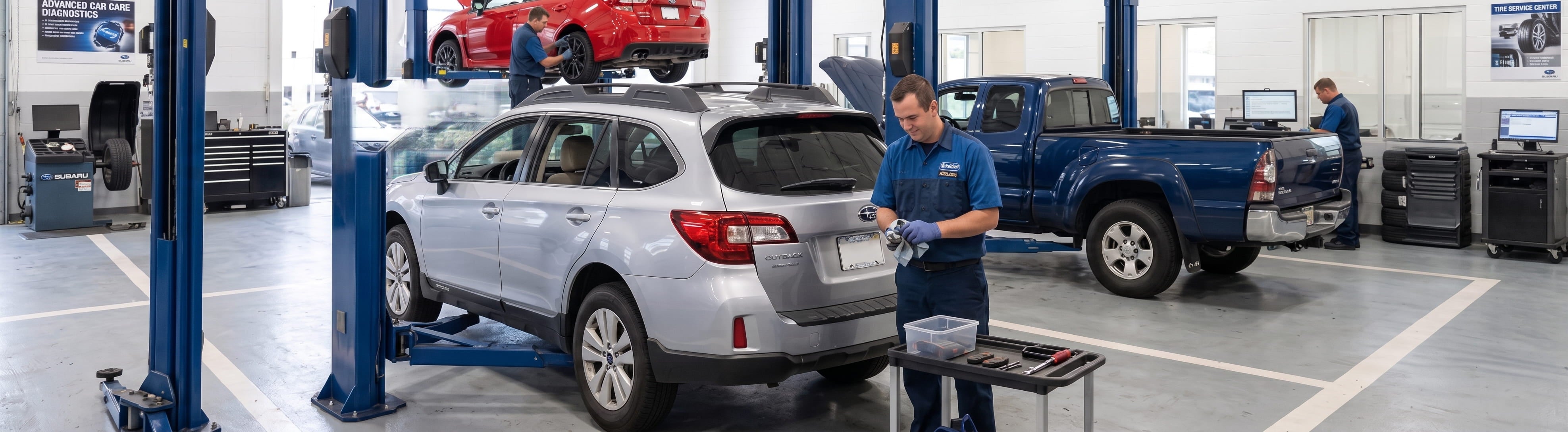 Subaru trained and certified technician working on a Subaru Outback in the Briggs Subaru of Topeka service bay
