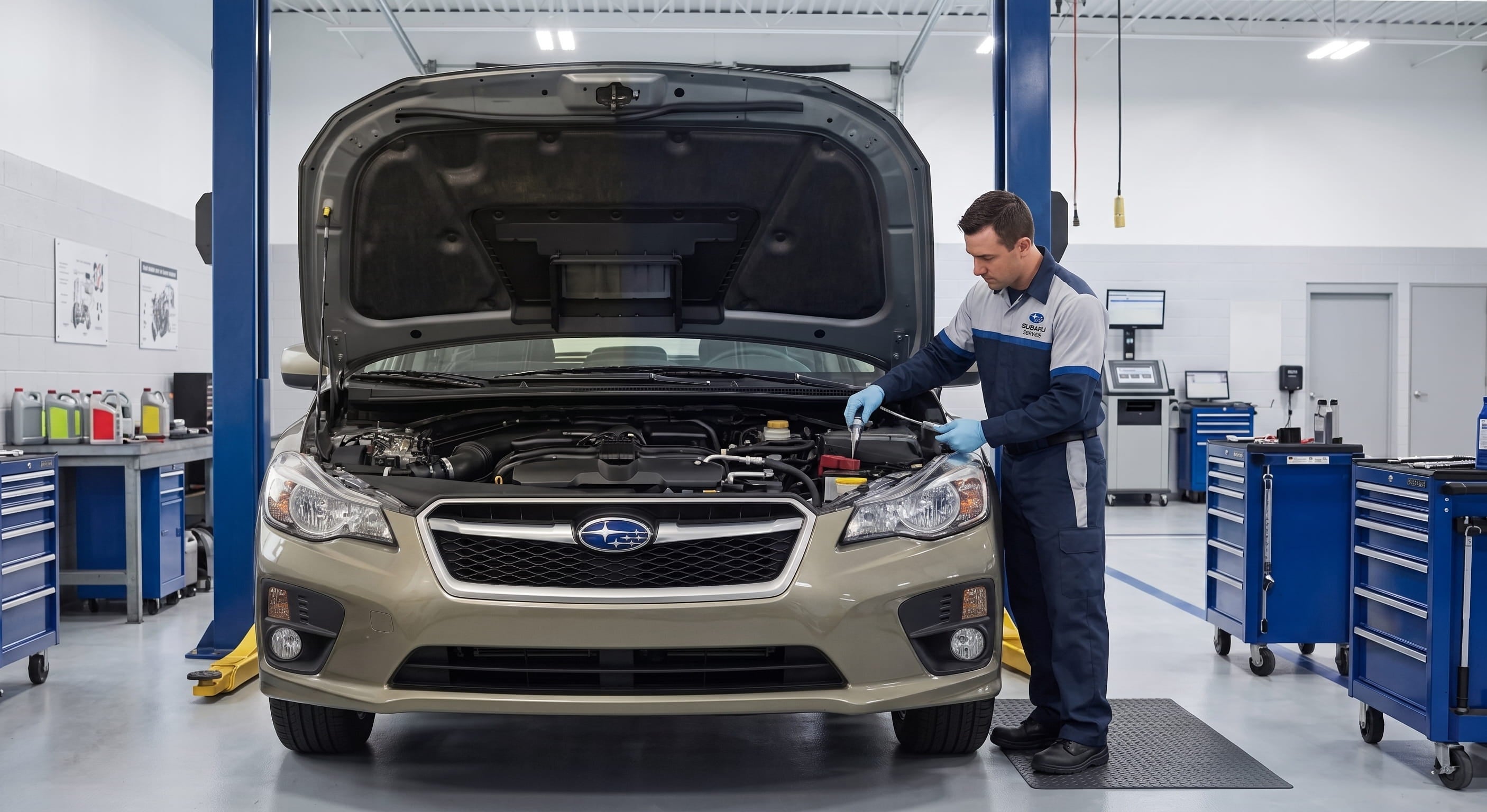 Briggs Subaru of Topeka technician checking engine components and fluid levels under the hood of a Subaru