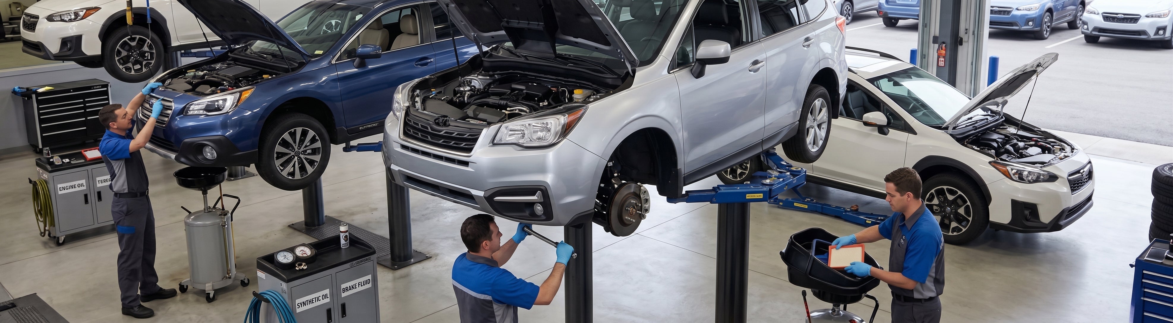 Briggs Subaru of Topeka technicians inspecting fluids, belts and hoses during a 30,000-mile Subaru service in Topeka, KS