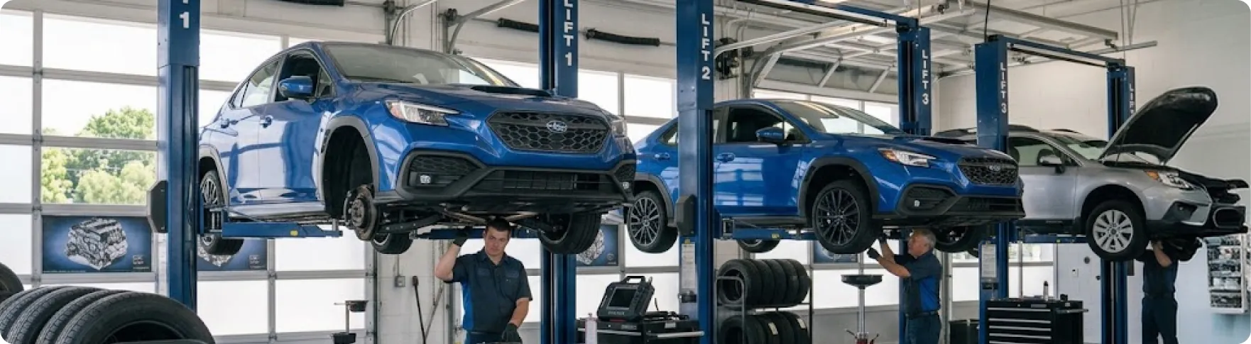 Subaru vehicles raised on service lifts during 30,000-mile scheduled maintenance at Briggs Subaru of Topeka