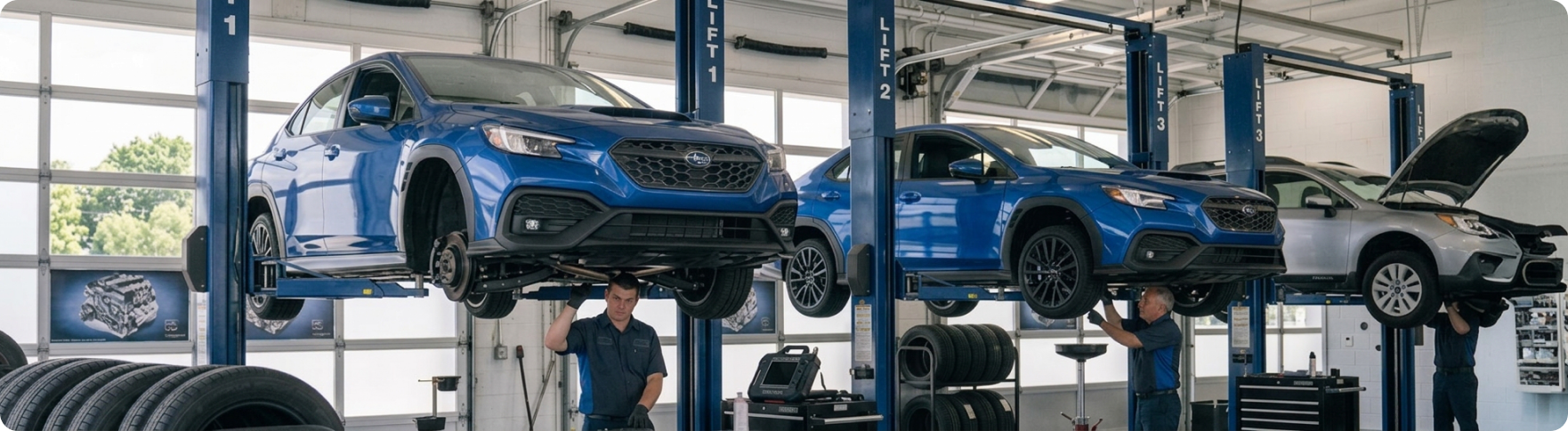 Subaru vehicles raised on service lifts during 30,000-mile scheduled maintenance at Briggs Subaru of Topeka