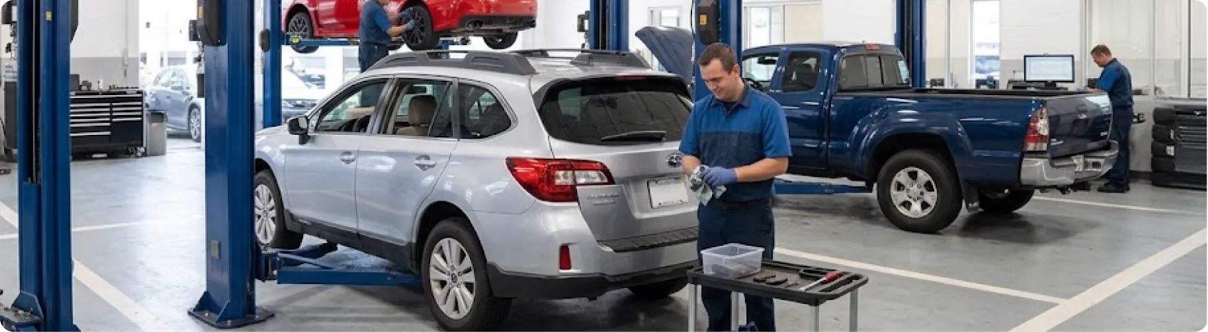 Subaru trained and certified technician working on a Subaru Outback in the Briggs Subaru of Topeka service bay