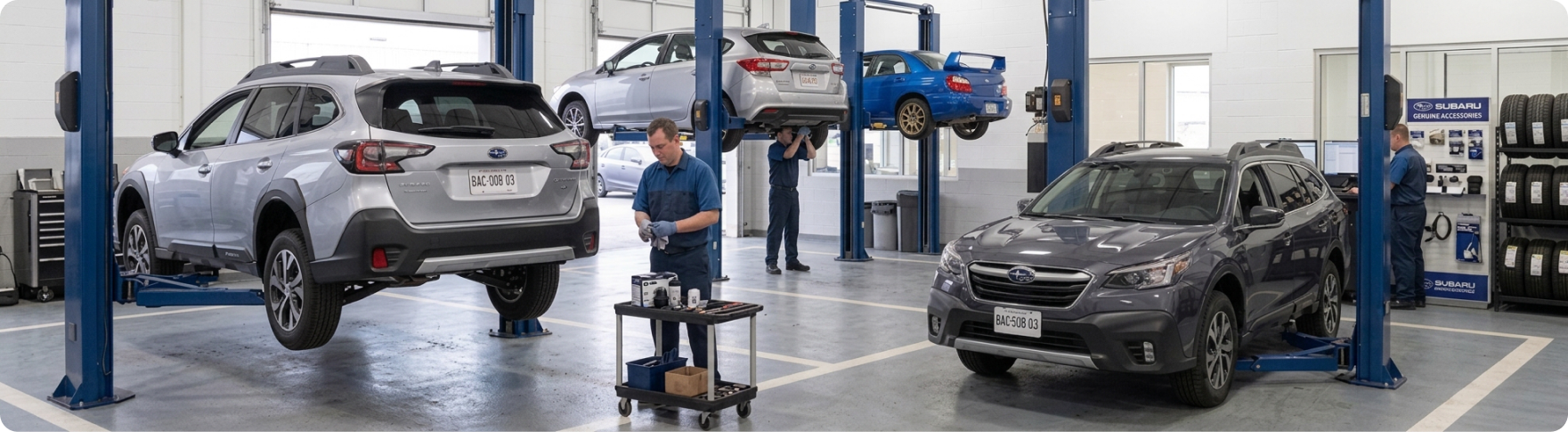 Subaru trained and certified technician working on a Subaru Outback in the Briggs Subaru of Topeka service bay