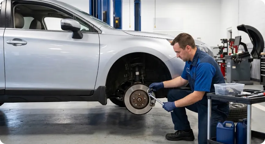 Briggs Subaru of Topeka technician performing a brake inspection during 30,000-mile scheduled maintenance on a Subaru