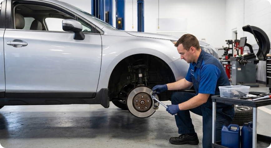 Briggs Subaru of Topeka technician performing a brake inspection during 30,000-mile scheduled maintenance on a Subaru