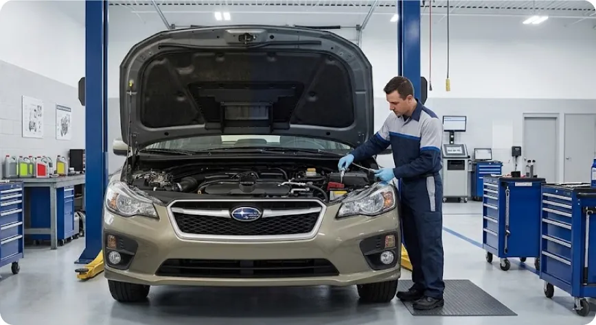 Briggs Subaru of Topeka technician checking engine components and fluid levels under the hood of a Subaru