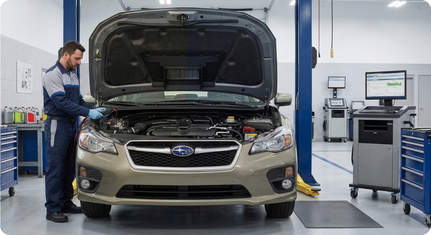 Briggs Subaru of Topeka technician checking engine components and fluid levels under the hood of a Subaru