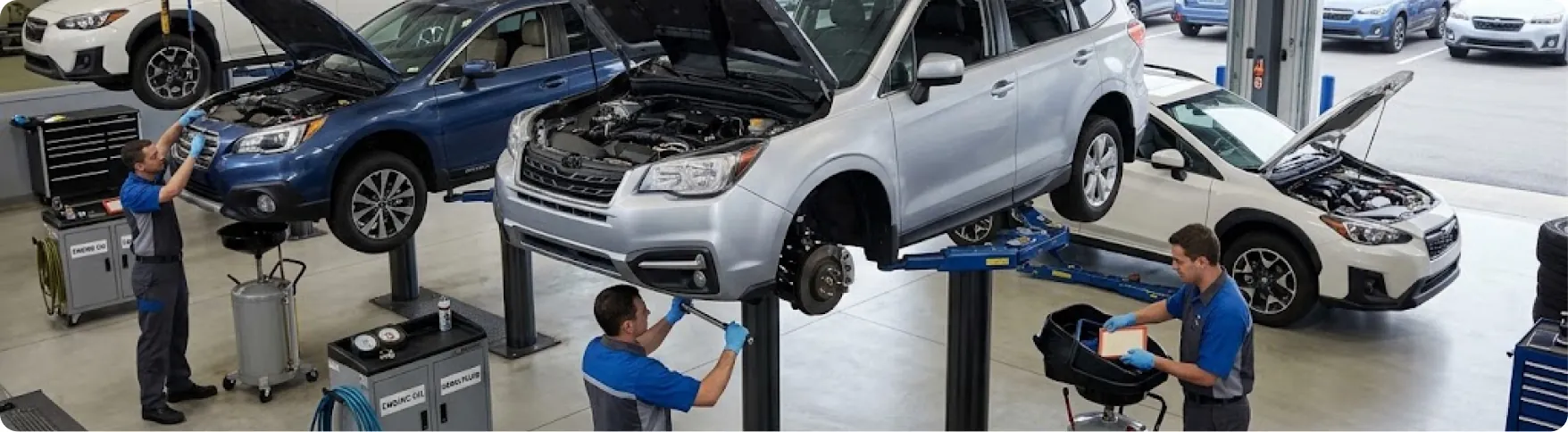 Briggs Subaru of Topeka technicians inspecting fluids, belts and hoses during a 30,000-mile Subaru service in Topeka, KS