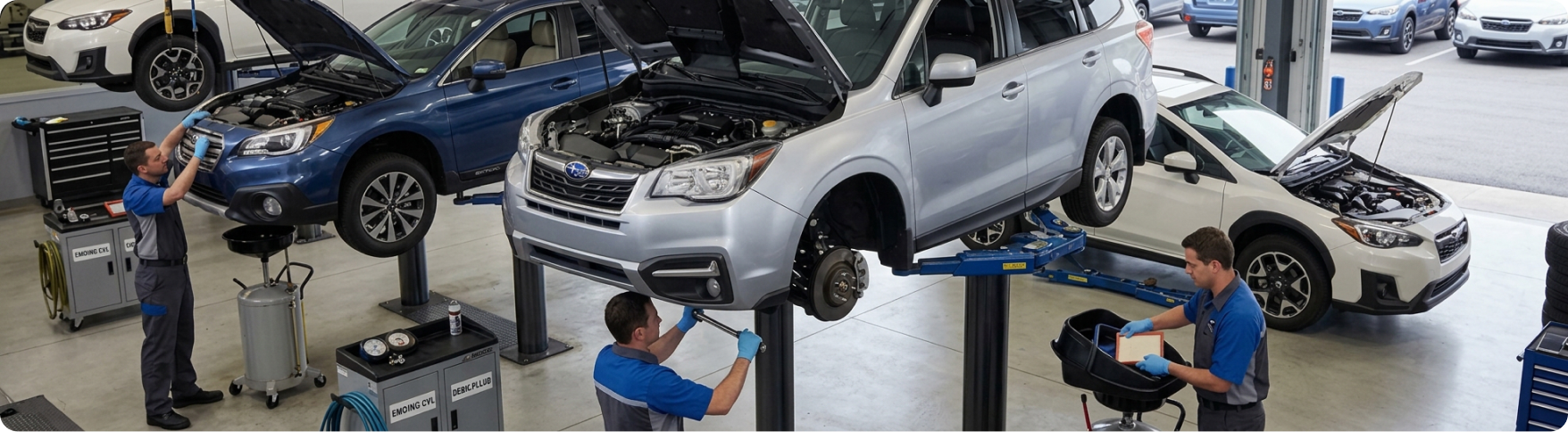 Briggs Subaru of Topeka technicians inspecting fluids, belts and hoses during a 30,000-mile Subaru service in Topeka, KS