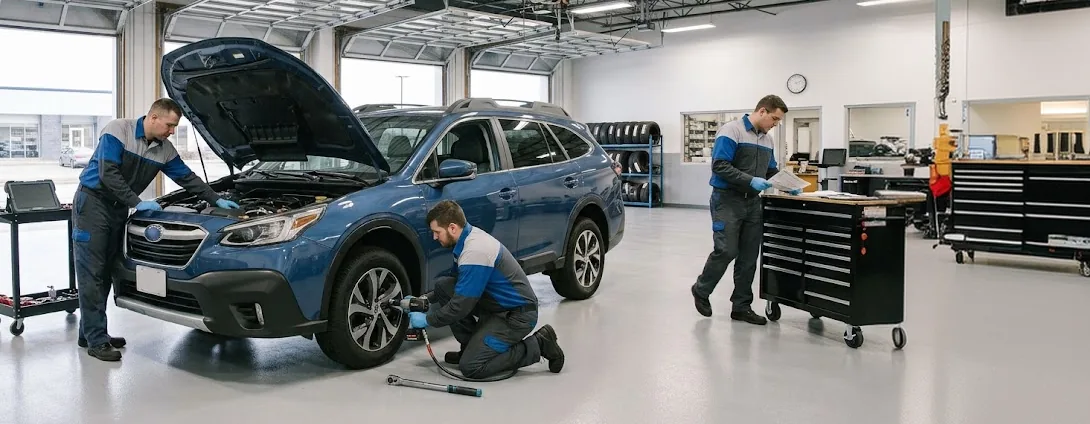 Briggs Subaru of Topeka technicians performing 60,000-mile scheduled maintenance on a Subaru Outback in the Topeka, KS service center