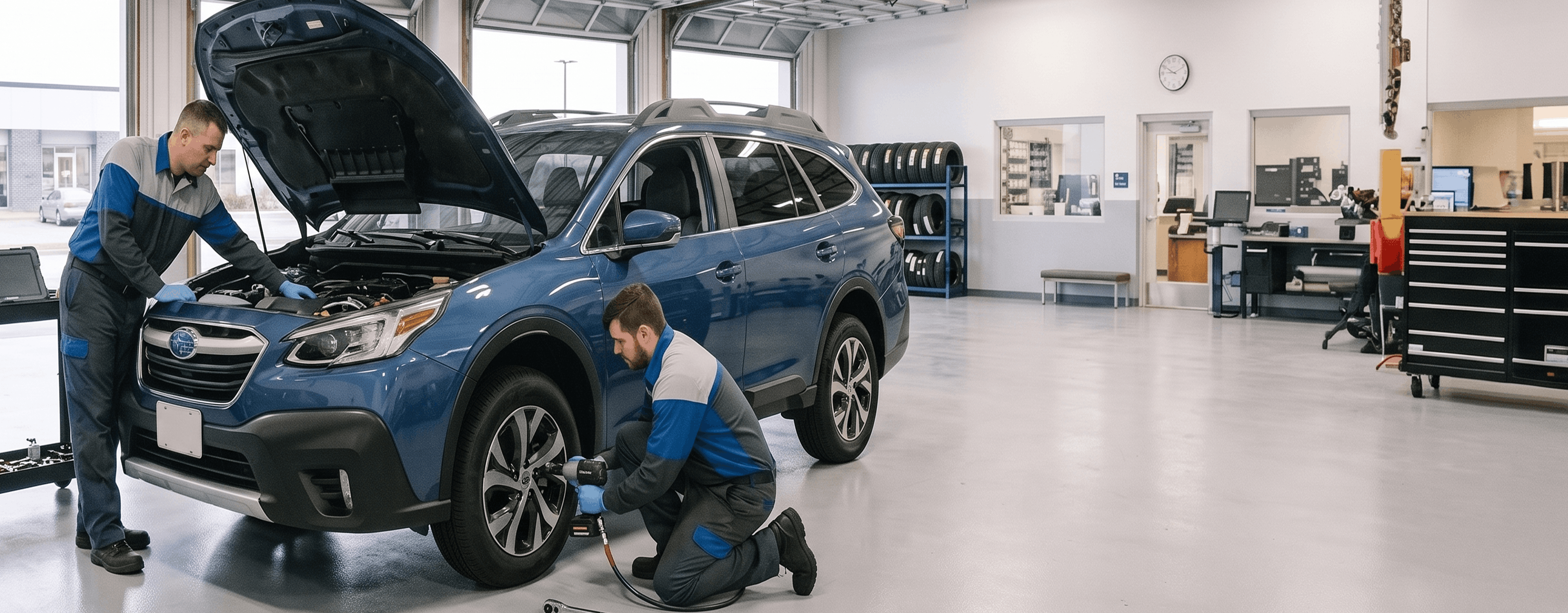 Briggs Subaru of Topeka technicians performing 60,000-mile scheduled maintenance on a Subaru Outback in the Topeka, KS service center