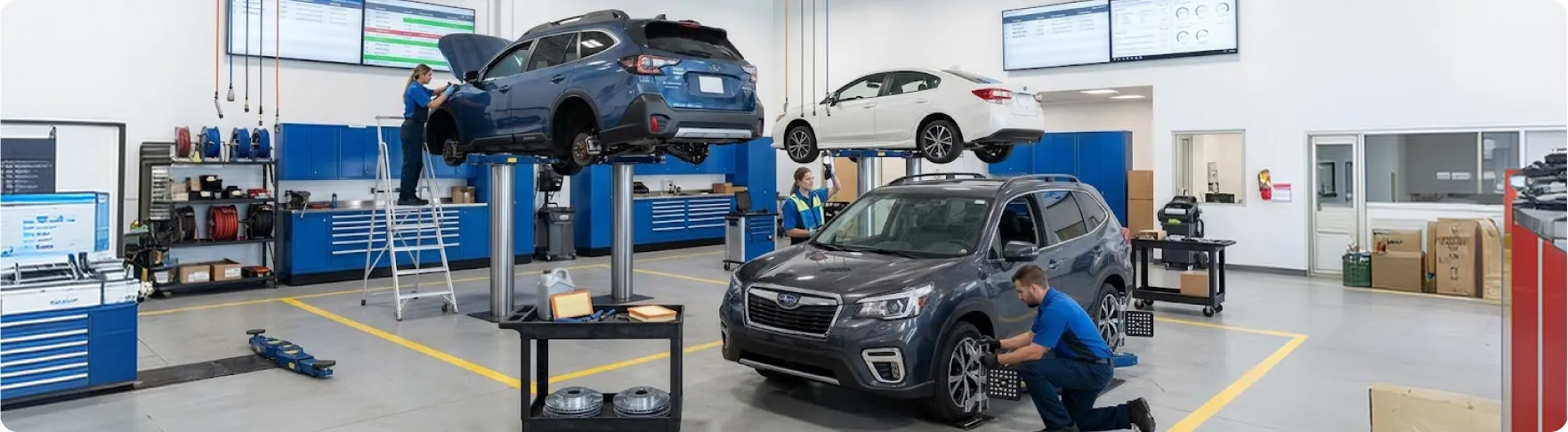 Subaru vehicles on service lifts during 60,000-mile scheduled maintenance at the Briggs Subaru of Topeka service department