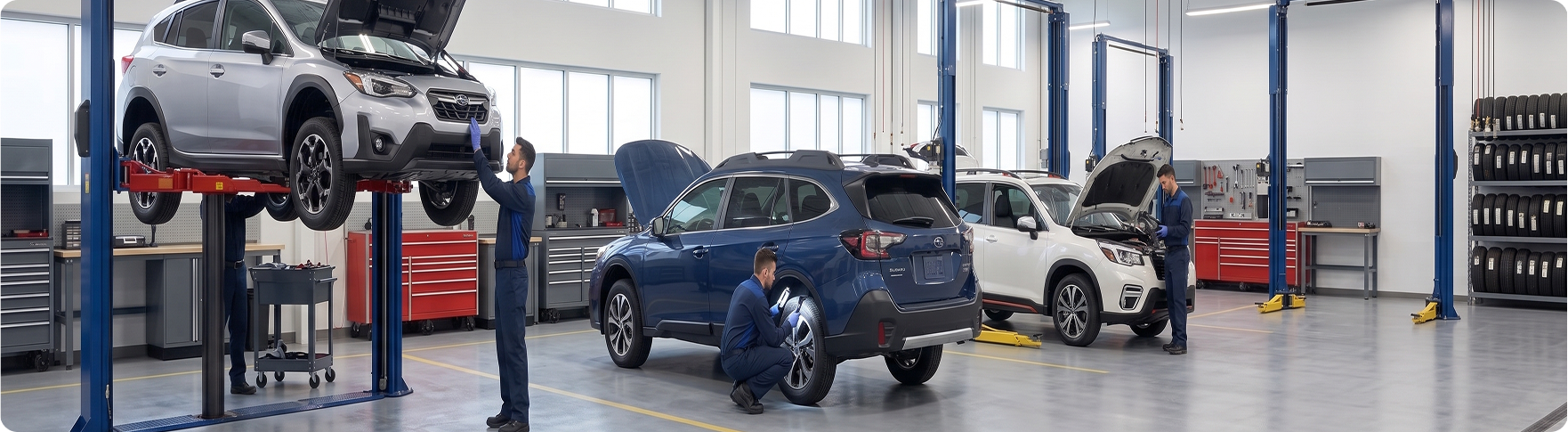 Subaru vehicles on service lifts during 60,000-mile scheduled maintenance at the Briggs Subaru of Topeka service department