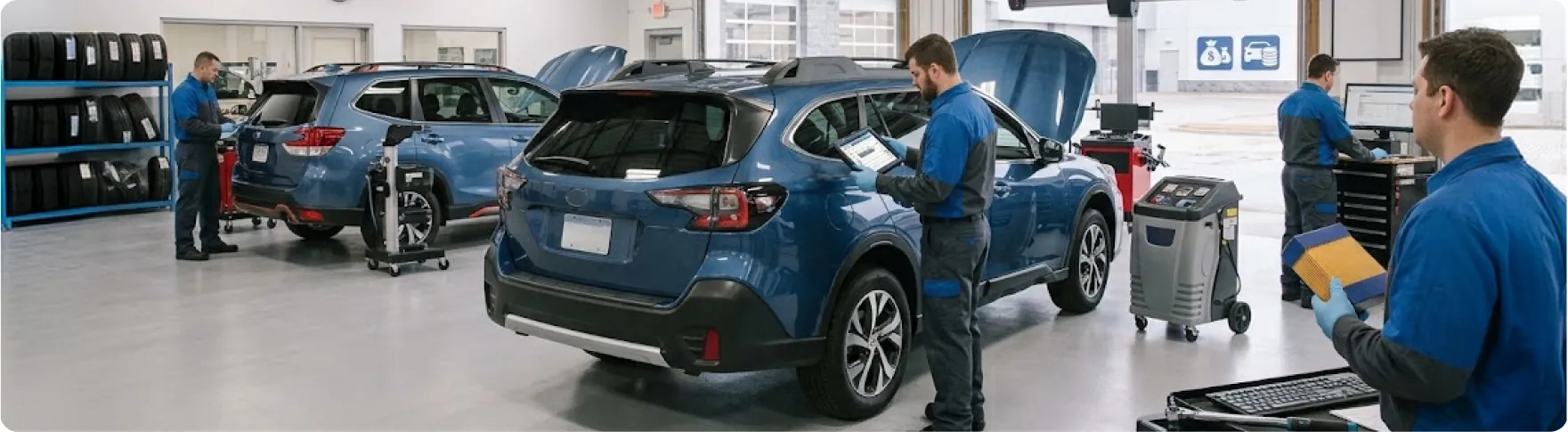 Subaru trained and certified technicians servicing a Subaru Outback in the Briggs Subaru of Topeka service bay