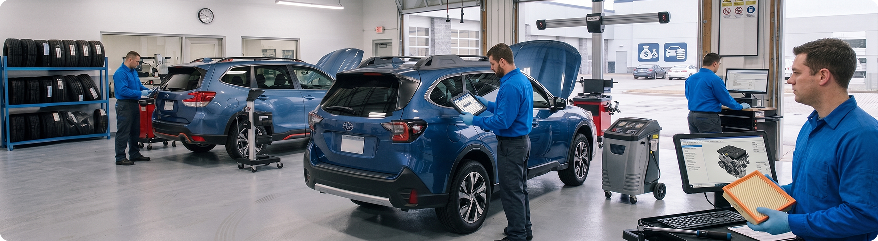 Subaru trained and certified technicians servicing a Subaru Outback in the Briggs Subaru of Topeka service bay