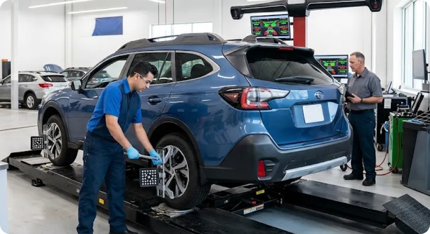 Briggs Subaru of Topeka technician performing a wheel alignment on a Subaru Outback during 60,000-mile scheduled maintenance