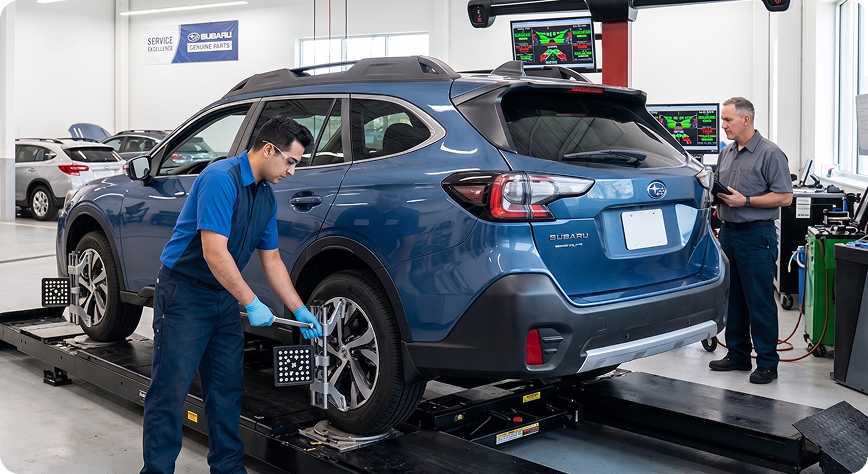 Briggs Subaru of Topeka technician performing a wheel alignment on a Subaru Outback during 60,000-mile scheduled maintenance