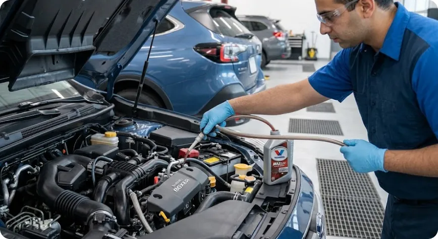 Briggs Subaru of Topeka technician topping off engine oil and checking fluid levels under the hood of a Subaru