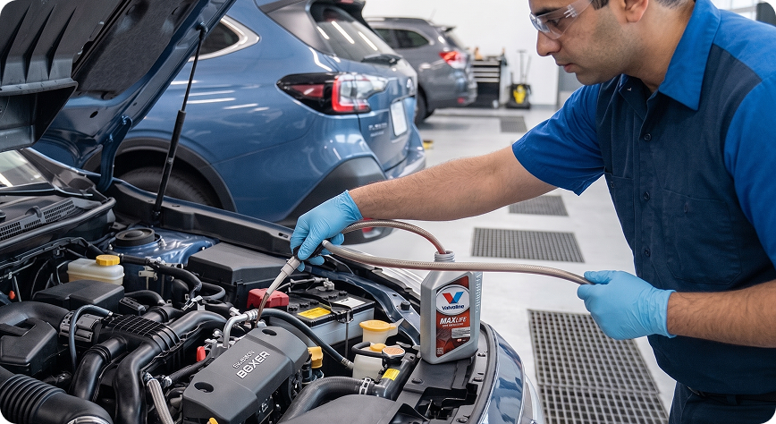 Briggs Subaru of Topeka technician topping off engine oil and checking fluid levels under the hood of a Subaru