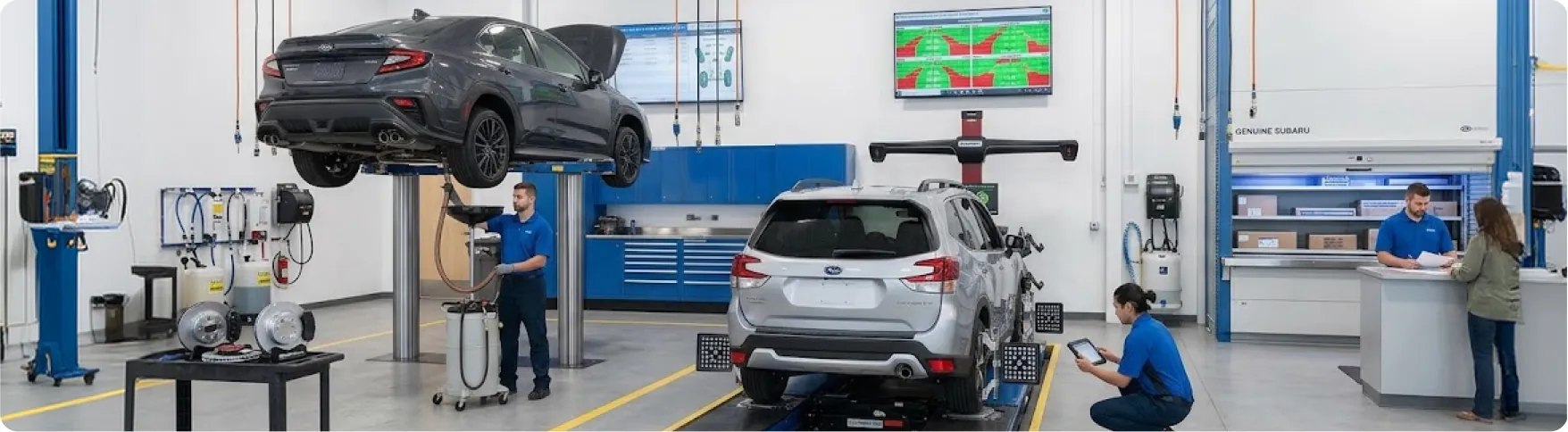 Briggs Subaru of Topeka technicians running diagnostics and suspension checks during a 60,000-mile Subaru service in Topeka, KS