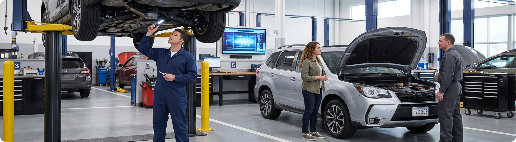 Briggs Subaru of Topeka technicians running diagnostics and suspension checks during a 60,000-mile Subaru service in Topeka, KS