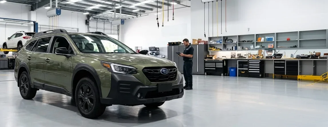 Subaru Outback in for 6,000-mile scheduled maintenance service at the Briggs Subaru of Topeka service center in Topeka, KS