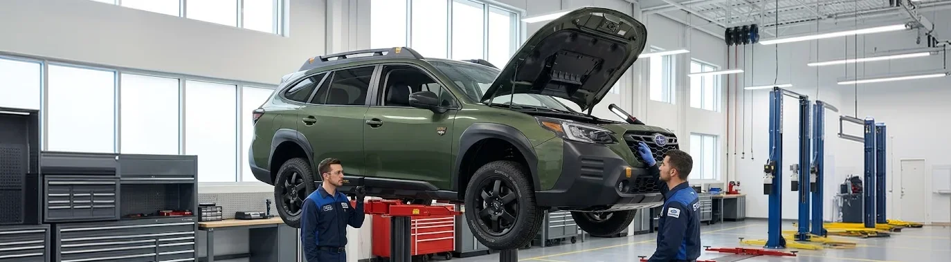 Briggs Subaru of Topeka technicians performing 6,000-mile scheduled maintenance on a Subaru Outback on a service lift