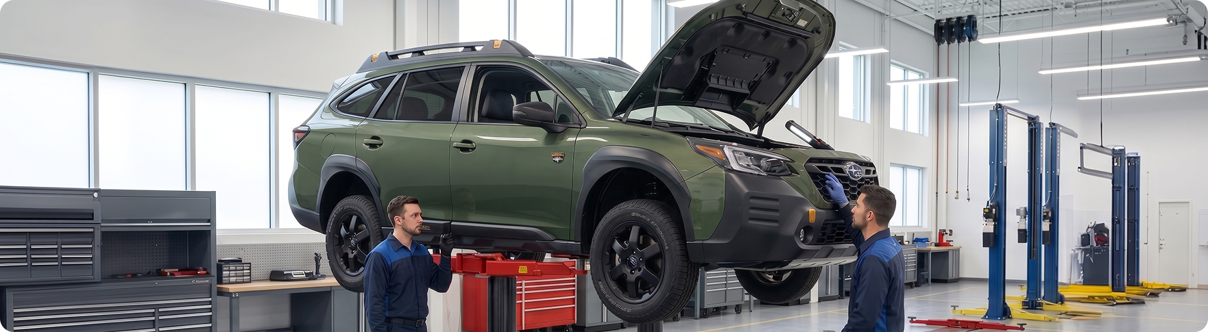 Briggs Subaru of Topeka technicians performing 6,000-mile scheduled maintenance on a Subaru Outback on a service lift