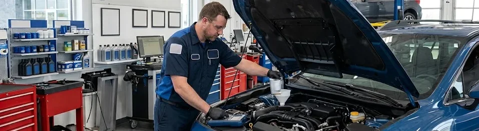 Subaru trained and certified technician running engine diagnostics in the Briggs Subaru of Topeka service bay