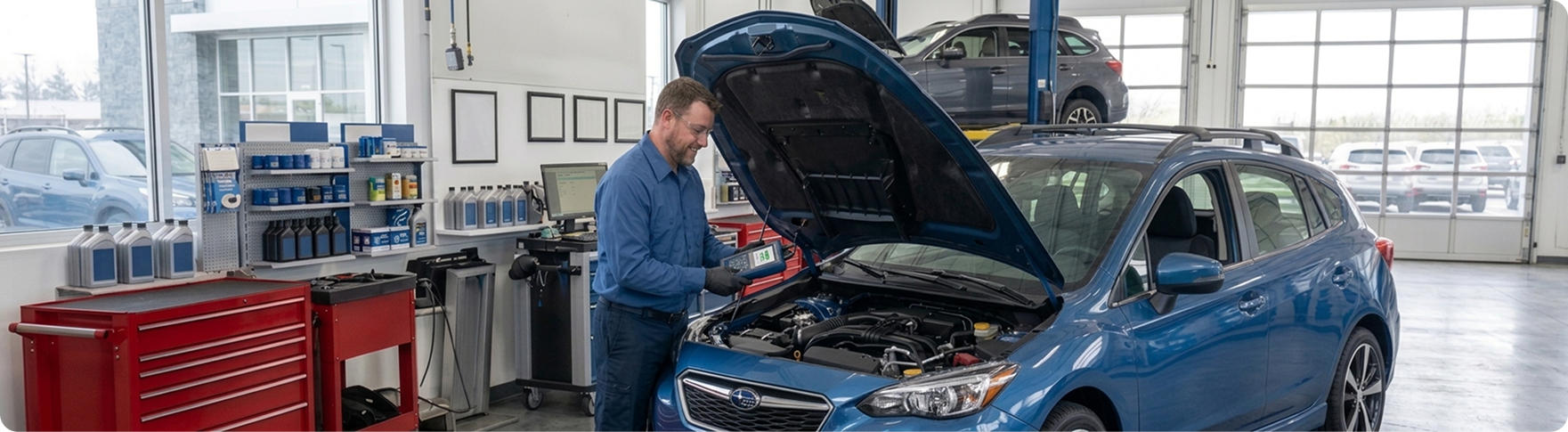 Subaru trained and certified technician running engine diagnostics in the Briggs Subaru of Topeka service bay