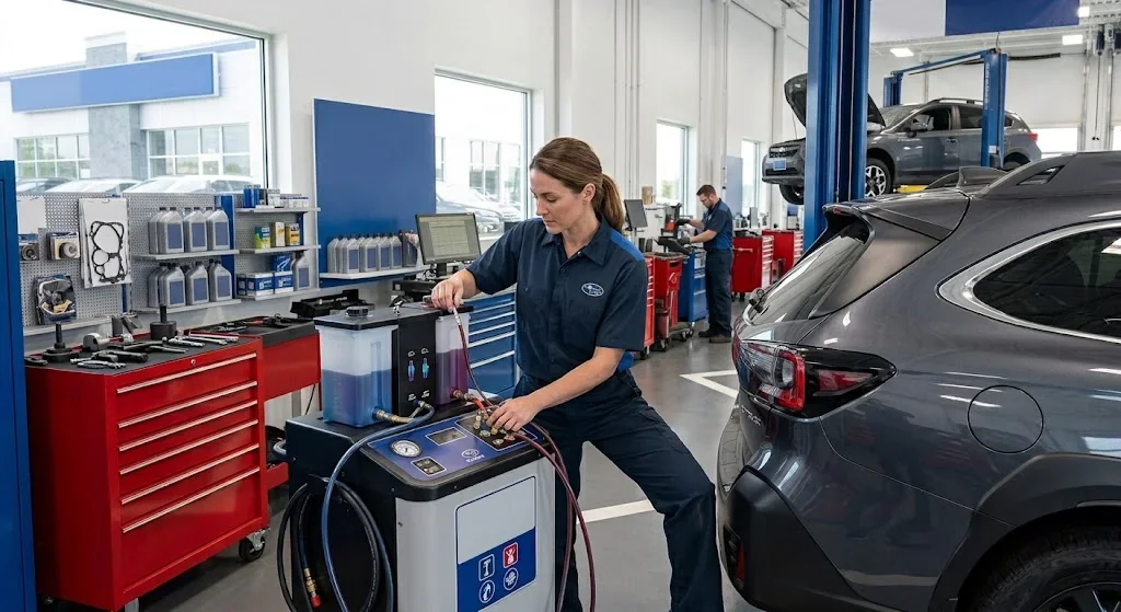 Briggs Subaru of Topeka technician connecting diagnostic equipment to a Subaru during scheduled maintenance service